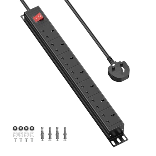 7 Way Power Strip with Switch 13A Heavy Duty Extension Lead Metal Housing PDU with Surge Protection & Adjustable 180 Mounting Bracket Ideal for 19in Rack Workshop Office & Home Use