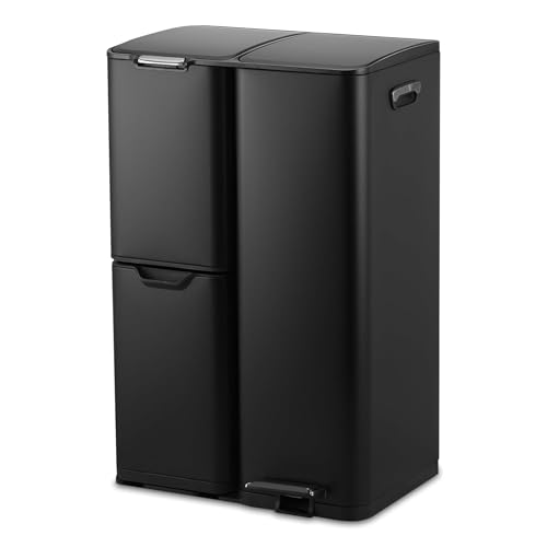Bayt Mülleimer 3 Fächer - Mülleimer 60l - Abfalleimer - Edelstahl-Abfallbehälter (Schwarz)