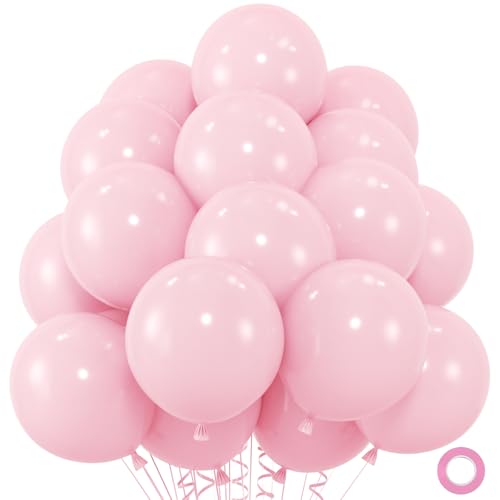 50pcs Pink Balloons, 12inch Light Pastel Pink Balloon for Birthday Party Baby Shower Wedding Anniversary Valentine’s Decoration (With Ribbon & Glue)