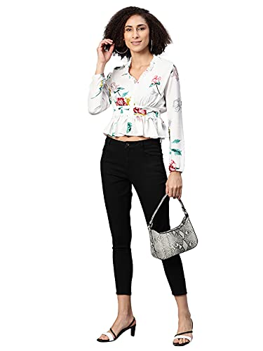 Image of IVES Women's Printed Polyester Full Sleeves | V Neck | Regular Fit Crop Top