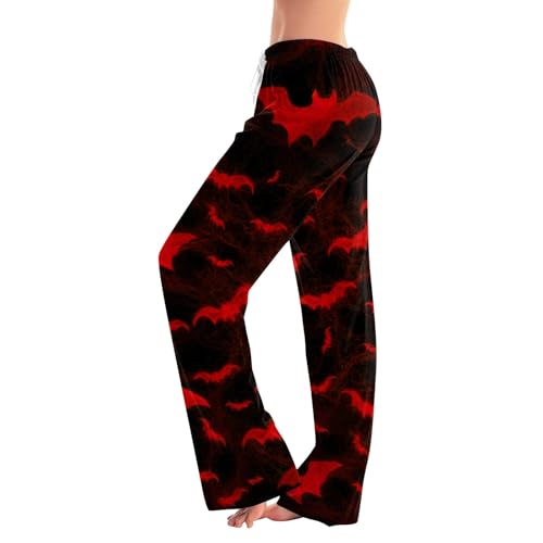 Halloween Pajamas Women Pumpkin Ghost Skeleton Pj Pants Skull Orange Spooky Comfortable Stretchy Drawstring Plus Size Fall Elastic Waist Women's Pajama Bottoms Halloween Outfits Red L