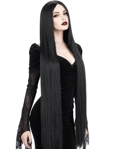 Image of Rose bud Wednesday Morticia Wig Black for Anime Costume Halloween Cosplay Party 40 Inch Long Straight Cosplay Black Wig for Women