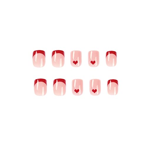 Valentine's Day Press On Nails Short Red Heart Fake Nail French Nail Tip Love Press On Nail Almond Square Acrylic Nail Heart Love Valentine's Full Cover Glue On Nails For Womne And Girls 24Pcs #TOP2
