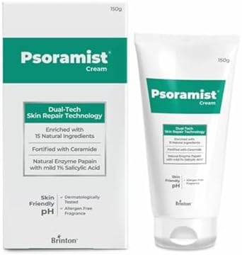 Brinton Psoramist Moisturizing Cream for Psoriasis | Natural Enzyme Papain with 1% Salicylic Acid | Enriched with 15 Natural Ingredients | Skin Friendly PH | Dermatologically Tested 5.2 oz.