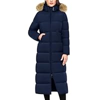 Tuopuda Long Winter Coat for Women Warm Quilted Coats Thick Padded Puffer Ladies Winter Jacket Coat With Fuffly Hood(Navy,M)