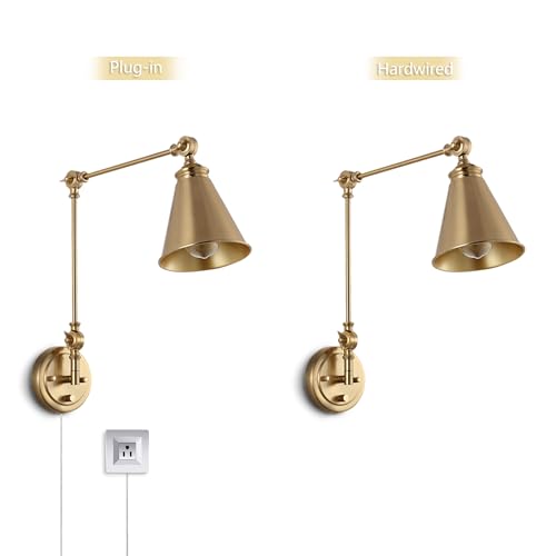 WINGBO Farmhouse Swing Arm Wall Sconce Set of 2, Industrial Adjustable Wall Lamp Light Fixture for Living Room Bedroom Vanity Study Desk Office, Plug in or Hardwired, Brass by WINGBO - Image 6