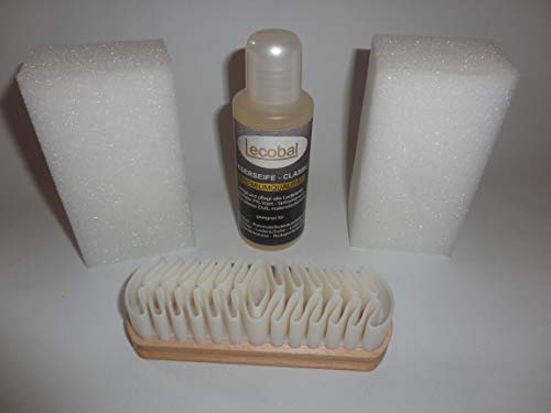 Preisvergleich Produktbild Lecobal Lederreinigungsset Lederpflegeset Schuhpflegeset (4-teilig) für Glattleder, Rauleder, Nubukleder, Wildleder - mit Lederseife Classic, Nubukbürste, Schwämme - Lederpflege Set