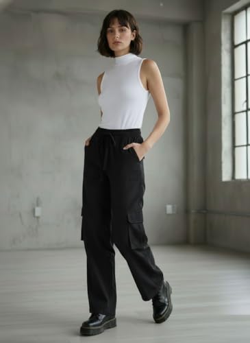 Image of SMOWKLY Women's Casual Cargo Pant| Baggy Fit Multi Pocket Streetwear Pants | High Waist Cargo Trousers | Stretchable Cotton Blend Utility Pants for Women |Office & Casual Wear
