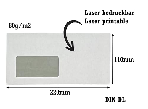 PAKNOR® 100 Briefumschläge mit Fenster, DIN lang - 220x110mm, mit Laser bedruckbar, selbstklebender Briefumschlag mit Fenster, Weiße Umschläge mit grauem Innendruck, (weiß/mit Fenster)
