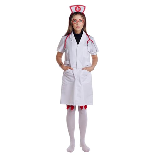 mifengda Nurse Costume Halloween Women Costume Accessories Red Nurse Hat Headband Cosplay Outfit Set Includes Headband Glasses Stethoscope High Sock for Halloween Cosplay Party