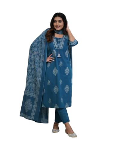 Image of DR DIGITAL Women's Cotton Printed Straight Kurti with pant and Dupatta Set