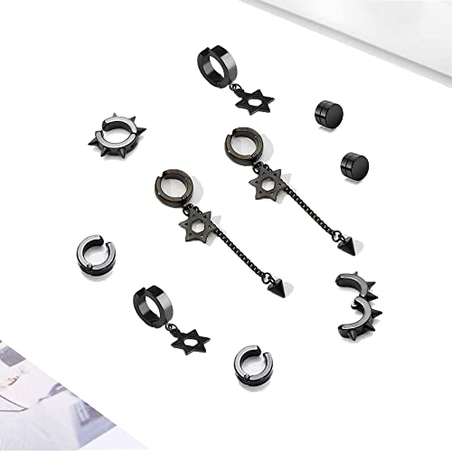 5 Pairs Black Stainless Steel Non-Piercing Spike Rivet Star Of David Dangle Tassel Clip On Hoop Earrings Set For Women Men, Non Pierced Fake Ear Clip Stud Earrings #TOP1