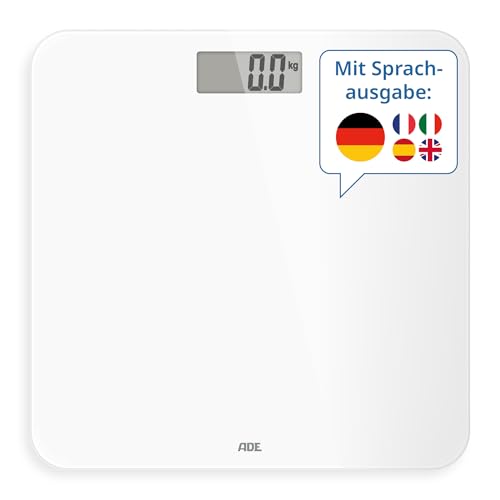 ADE Pèse-personne parlant Gina | Fonction vocale et annonce du poids jusqu'à 250 kg | 5 langues | Pèse-personne numérique en verre de sécurité