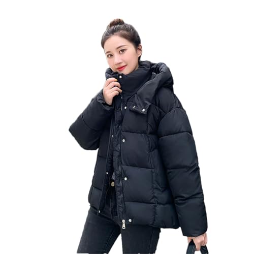 Dam dunbomull kappa tjock varm vinterparkas med huva pufferkappa snökläder ytterkläder dragkedja toppar, Svart, XXL