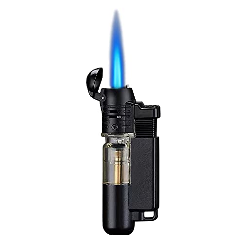 Torch Lighter, Refillable Butane Lighter with Key Ring, Windproof Lighter with Adjustable Jet Flame with Visual Window, Pocket Lighter for Fireplace Grill Camping Fireworks BBQ(Without Gas)(Black)
