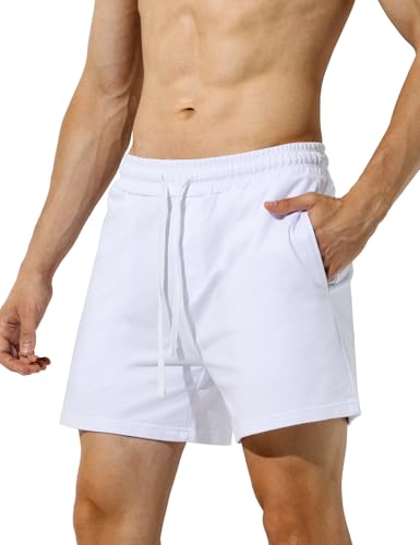 Mauro Kane Men's Cotton Shorts with Pockets 5 Inch Sweat Athletic Gym Workout Shorts-White,L