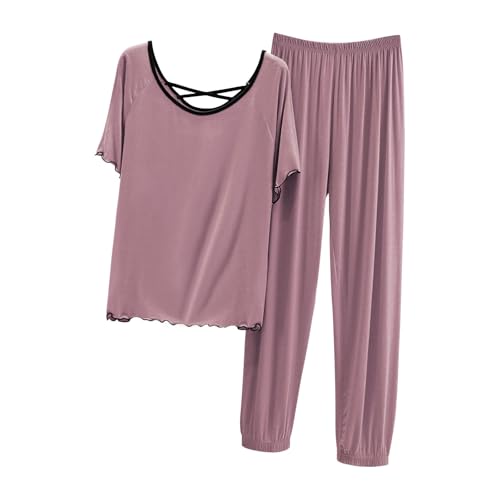 Women's Pajamas Sets Fashion Criss Cross Back Crew Collar Short Sleeve T-Shirt Pants Set 2 Piece Loungewear Purple