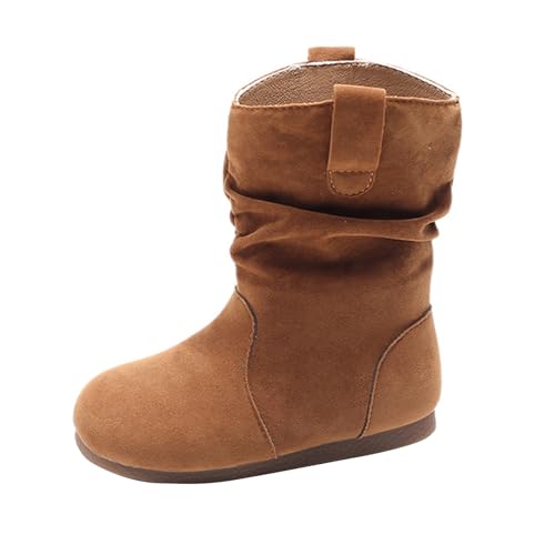 Ankle Cowboy Boots for Girls Faux Suede Flat Mid Calf Boots Pull on Round Toe Short Booties Comfort Fall Winter Shoes