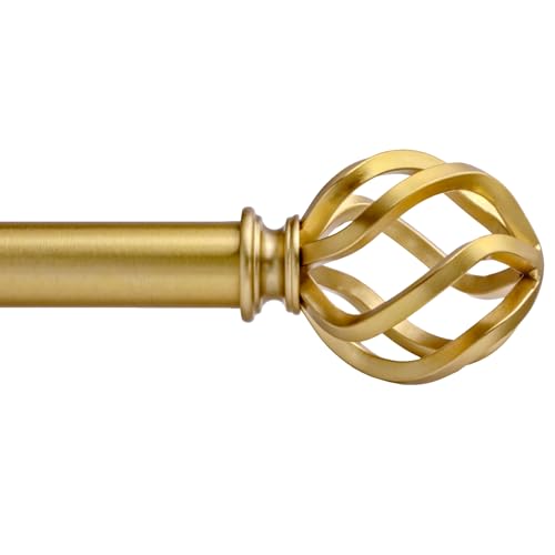 Metal Gold Curtain Rods 18 to 145 Inches, 1 Inch Modern Metal Drapery Rods, Adjustable Heavy Duty Brushed Nickel Curtain Pole, with Twisted Cage Finia