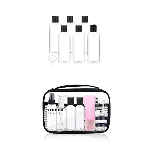 3.4 Oz Clear Squeeze Plastic Bottles with Disc Cap, 100ml TSA Travel Size Refillable Containers for Shampoo and Lotion, Set of 6+Empty Plastic Travel Bottles Containers, TSA Approved Travel Size