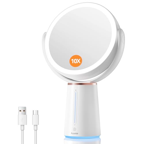 Auxmir Schminkspiegel mit Beleuchtung, LED Kosmetikspiegel 1X/ 10X Vergrößerungsspiegel mit Licht & 10 Dimmbar Helligkeit, Tischspiegel 360° Drehbar Spiegel mit 52 LEDs für Schminktisch, 2500mAh Auxmir Schminkspiegel mit Beleuchtung, LED Kosmetikspiegel 1X/ 10X Vergrößerungsspiegel mit Licht & 10 Dimmbar Helligkeit, Tischspiegel 360° Drehbar Spiegel mit 52 LEDs für Schminktisch, 2500mAh