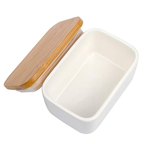 Arswin Porcelain Butter Dish With Lid,Ceramic Butter Dish With Bamboo Lip,Butter Keeper Container With Cover For Countertop Or Refrigerator,Heat Resistant Kitchen Butter Storage Dish,White (300Ml) #TOP5