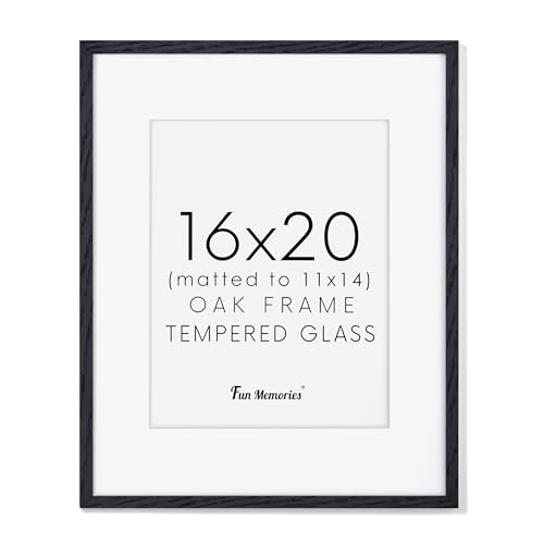 Fun Memories 16x20 Picture Frame - Black Oak Wood Poster Frame with Mat for 11x14, Tempered Glass, Easy to Hang