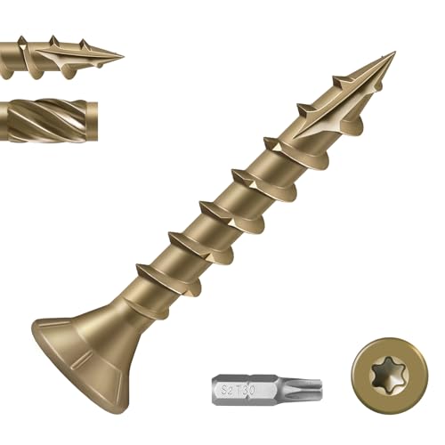 VGBUY Deck Screws #8 x 1-1/4 Inch Heavy Duty Exterior Wood Screws,Torx Drive Head Deck Screw Bronze Rust Resistant Epoxy Coated,Long Outdoor Screws with Star Bit(163Pcs,1Ibs)