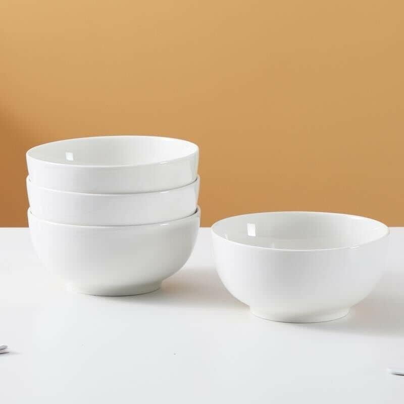 Vencier Set of 4 Porcelain 600ml Bowls | Cereal , Pasta , Noodles , Ice Cream | White Serving Bowls | Microwave Safe & Dishwasher Safe