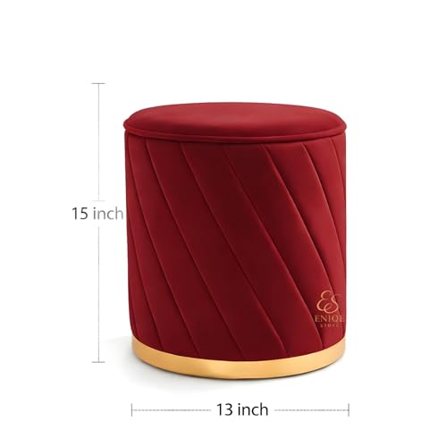 Image of Luxury Round Velvet Ottoman Stool with Gold Base - Modern Upholstered Footrest Pouffe, Tufted Vanity Seat, Living Room Bedroom Dressing Stool (Maroon)