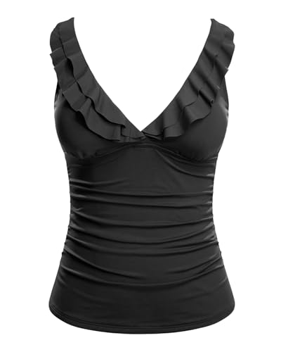 Image of Ruffle V Neck Tankini Top Only Women Tummy Control Swimsuit Tank Top | Removable cups for custom bust lift, Blend soft spandex to stretch easily