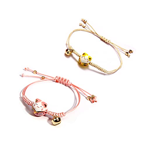 2pcs Feng Shui Lucky Ceramics Cat Good Luck Wealth Couple Bracelet Beaded Adjustable Sting Thread Rope with Bell Wealth Health Fortune Rich Money