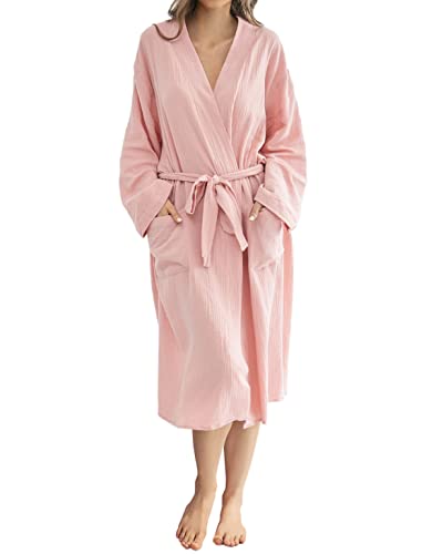 Image of Womens Cotton Gauze Robe Muslin Lightweight Robes for Women Kimono Solid Color Bathrobe Sleepwear Homewear, A Pink, US Large
