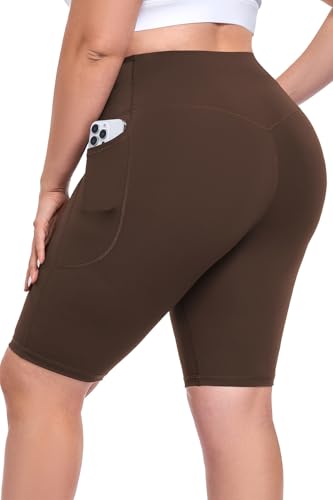 Plus Size Biker Shorts for Women with Pockets, Tummy Control Spandex Athletic Workout Gym Yoga Bike Shorts Brown, High Waisted Summer Clothes, Long Anti Chafing Knee Length Under Dress Shorts 2xl