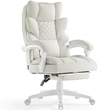 Dowinx Big and Tall Office Chair with Pocket Spring Cushion,High Back Computer Gaming Chairs with Linkage Armrests,Executive Desk Chairs with Footrest,PU Leather-White
