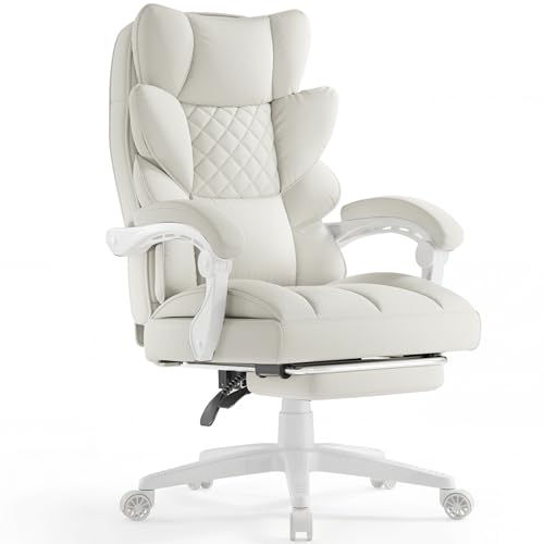 Dowinx Big and Tall Office Chair with Pocket Spring Cushion,High Back Computer Gaming Chairs with Linkage Armrests,Executive Desk Chairs with Footrest,PU Leather-White