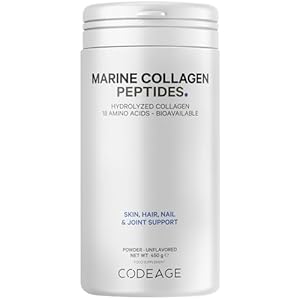 Codeage Marine Collagen Powder – Hydrolyzed Fish Collagen Peptides – Type 1 & 3 Collagen Protein Supplement – 50 Servings, Amino Acids for Skin, Hair, Nails – Non-GMO, 450 Grams