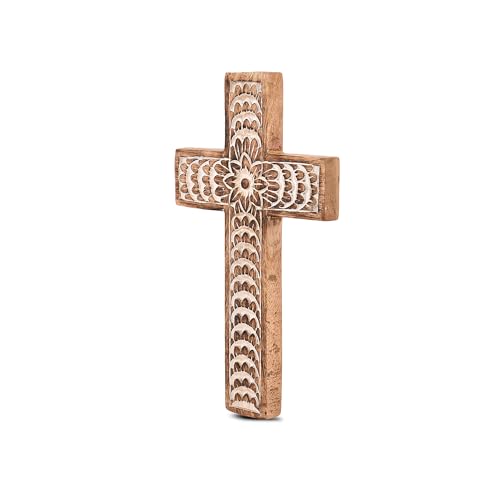 EDHAS Mango Wood White Cross Carved Floral-Design Family Cross Decor,Home Decoration (25.4cm x 15.24cm x 1.27cm)