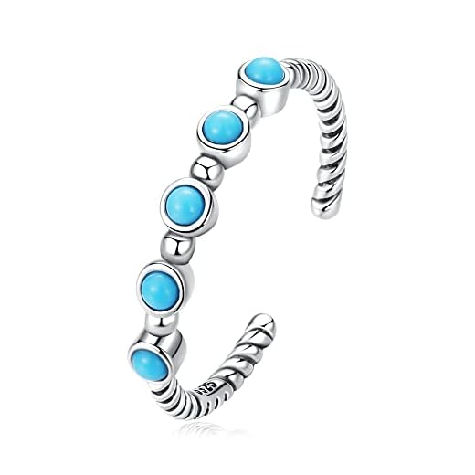 Turquoise 925 Sterling Silver Rings for Women Girls CZ Blue Birthstone Bohemian Statement Engagement Twisted Band Finger Ring Comfort Fit Vintage Boho Birthday Wedding Mother's Day Jewelry Gift (Ball Bead Adjustable)