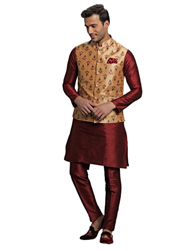 Elina fashion Men's Indian Cotton Kurta Pajama And Printed Nehru Jacket (Waistcoat) Indian Wedding Ethnic Diwali Puja Set