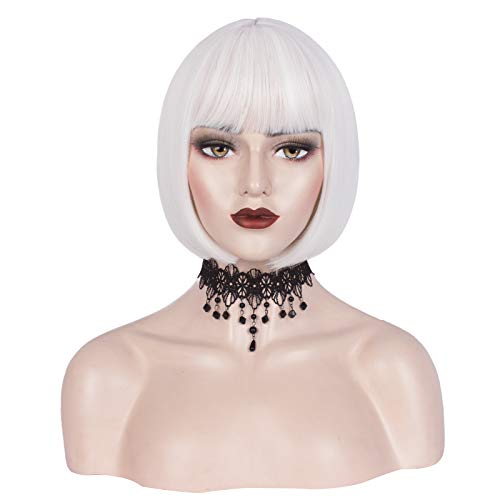 WeKen Bob White Wigs with Bangs Short White Full Bangs Wig for Black White Women Synthetic Halloween Cosplay Wig Daily Use 11 Inch