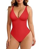 FeelinGirl Red Bodysuits for Women Tummy Control Body Suits Thong Body Shaper Deep V Neck, M