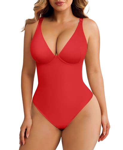 FeelinGirl Shapewear Bodysuits for Women Tummy Control Body Suits Deep V Neck Thong Body Shaper