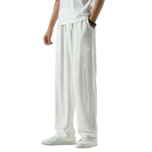 Pantalon en lin et coton homme ample coupe droite respirant fluide