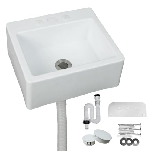Lavatorio de plástico Pila de vaciado Lavamanos Sencillo Fregadero de plástico con tapón de desagüe para jardín, garaje, sótano, autocaravana (Blanco 34X29CM)
