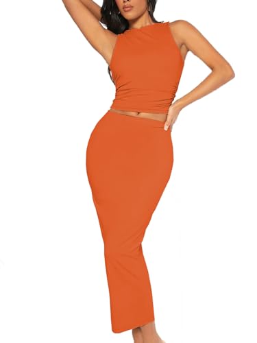 Image of Bdwinz Women's Casual 2 Piece Dress Round Neck Tank Top Bodycon Midi Skirt Dress Set