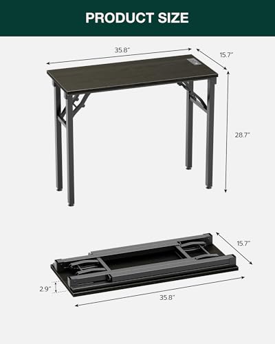 Image of Frylr Small Folding Computer Desk - 35.8 Inch Portable Table for Craft and Study, Lightweight Desk for Small Spaces, Foldable Laptop Table Built-in AC /USB Outlets for Convenience, Dark Oak