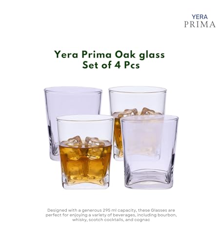 Image of Yera Prima Oak Whisky /Scotch /Water Glasses- 295 ml Each -Set of 4 pcs Tumblers Lead-Free Whiskey Glasses for Scotch Bourbon Cognac Brandy Cocktail Whiskey