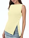 OLAPTA Women Asymmetrical Button Down Side Split Sleeveless Tank Tops Boat Neck Slim Fit Summer Casual Side Button Knit Vest(Small,Yellow)