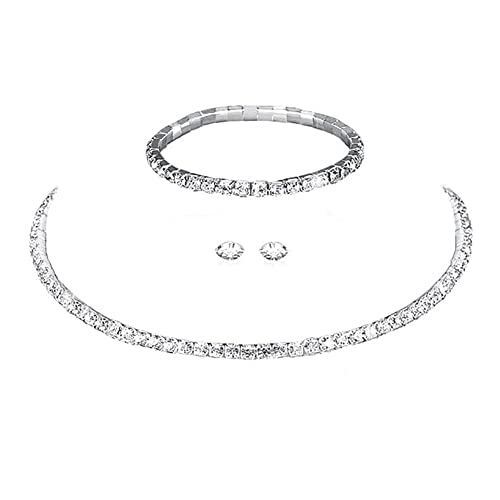 Wedity Nupcial Cristal Collar Pendientes de plata Pulsera Conjunto Boda Gargantilla Collares Joyería de boda para mujeres y niñas (1 capa) Cover